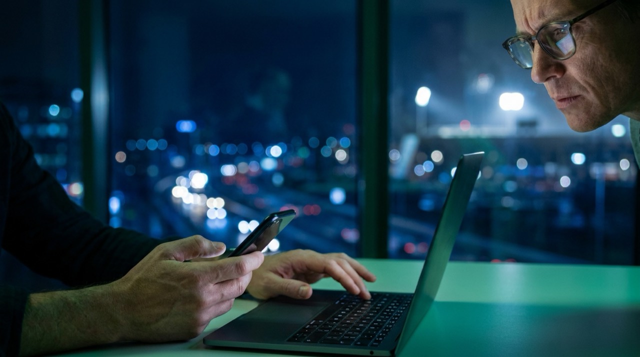 Photo : trader concentré devant un ordinateur portable et un smartphone la nuit, ambiance bleu-vert cinématique