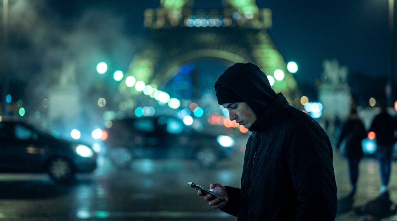 Photo : une personne à Paris consulte son téléphone le soir, tour Eiffel floutée, teinte bleu-vert