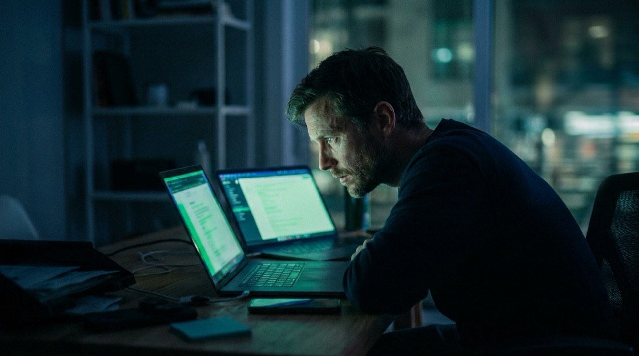 Photo : un homme compare deux écrans d'ordinateur la nuit dans un bureau sombre, grade bleu-vert