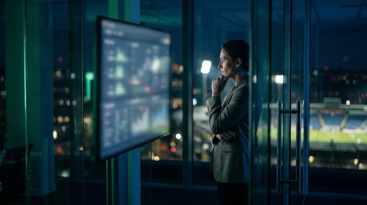 Photo : un professionnel analyse des données sur un grand écran dans un bureau moderne, teinte bleu-vert