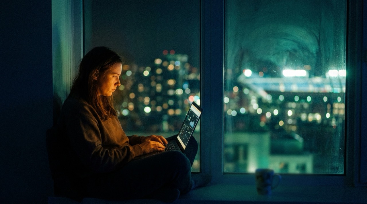 Photo : une personne sur un ordinateur la nuit, skyline urbaine floutée, ambiance bleu-vert