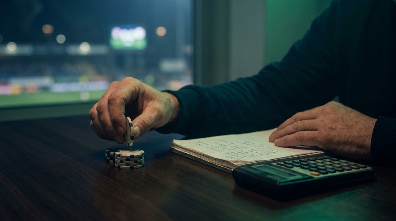 Photo : des mains empilent des jetons près d'un carnet et d'une calculatrice, lumière bleu-vert