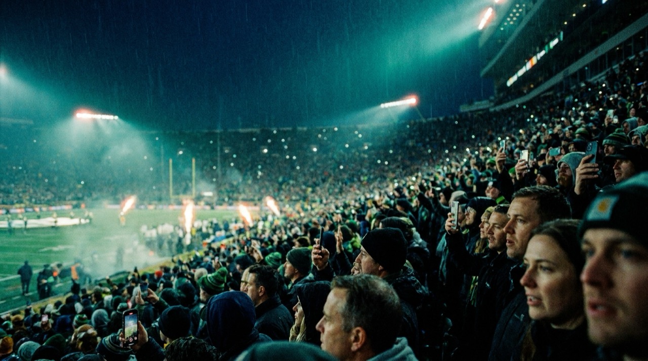 Photo : foule immense dans un stade la nuit, projecteurs, grade cinématique bleu-vert