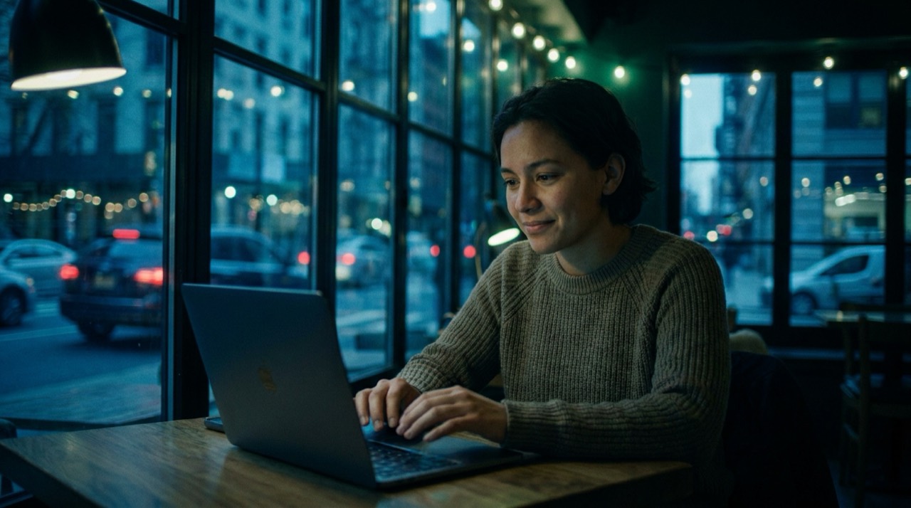 Photo : une personne débute sur un ordinateur portable dans un café le soir, ambiance chaleureuse bleu-vert