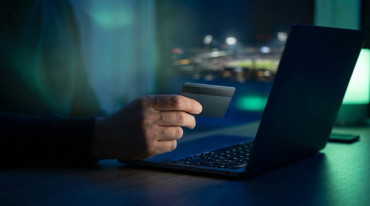 Photo : main tenant une carte bancaire au-dessus d'un clavier, paiement en ligne, ambiance bleu-vert