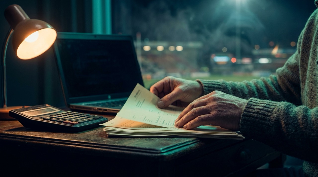 Photo : des mains classent des documents financiers près d'une calculatrice et d'un ordinateur portable sous une lampe de bureau, teinte bleu-vert