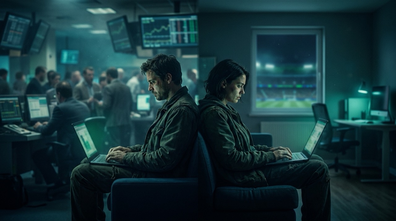 Photo : deux personnes dos à dos sur leur ordinateur portable, deux univers de trading opposés, teinte bleu-vert