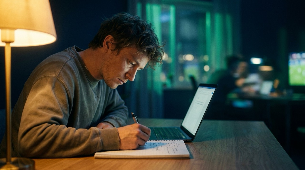 Photo : personne étudie avec un carnet et un ordinateur portable la nuit, ambiance studieuse bleu-vert