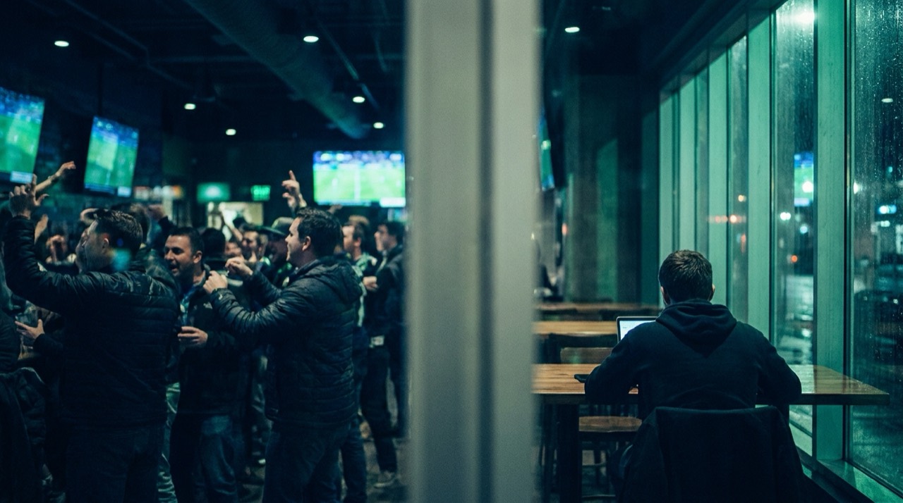 Photo : foule d'un bar sportif face à une personne calme sur ordinateur, deux mondes du pari, bleu-vert