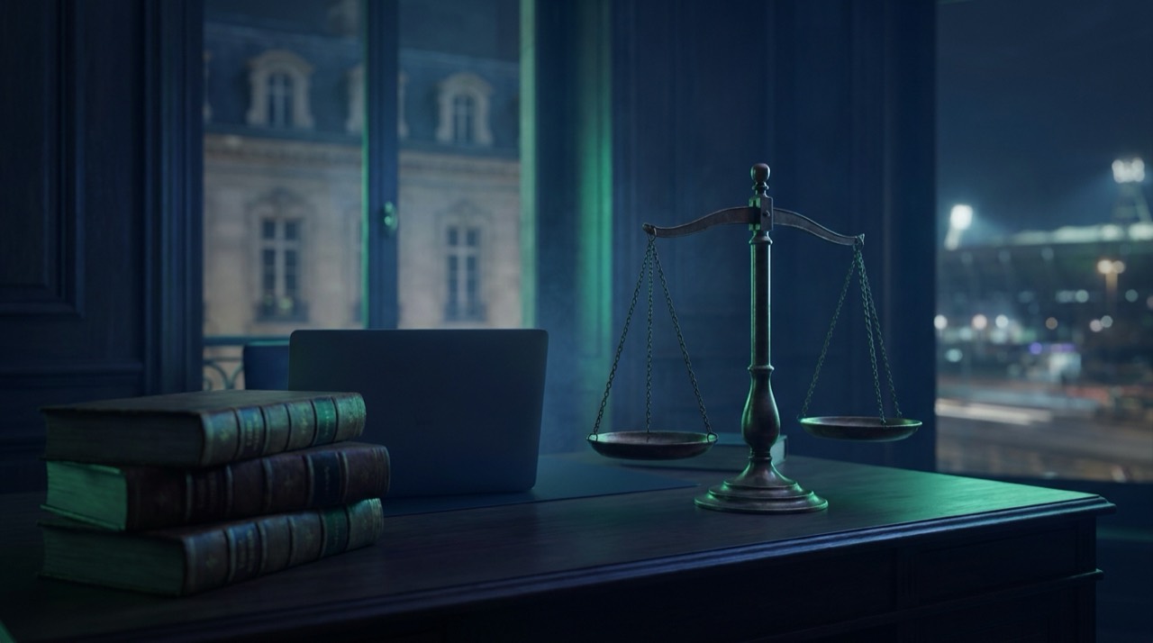 Photo : balance et livres de droit près d'un ordinateur dans un bureau, cadre légal, teinte bleu-vert