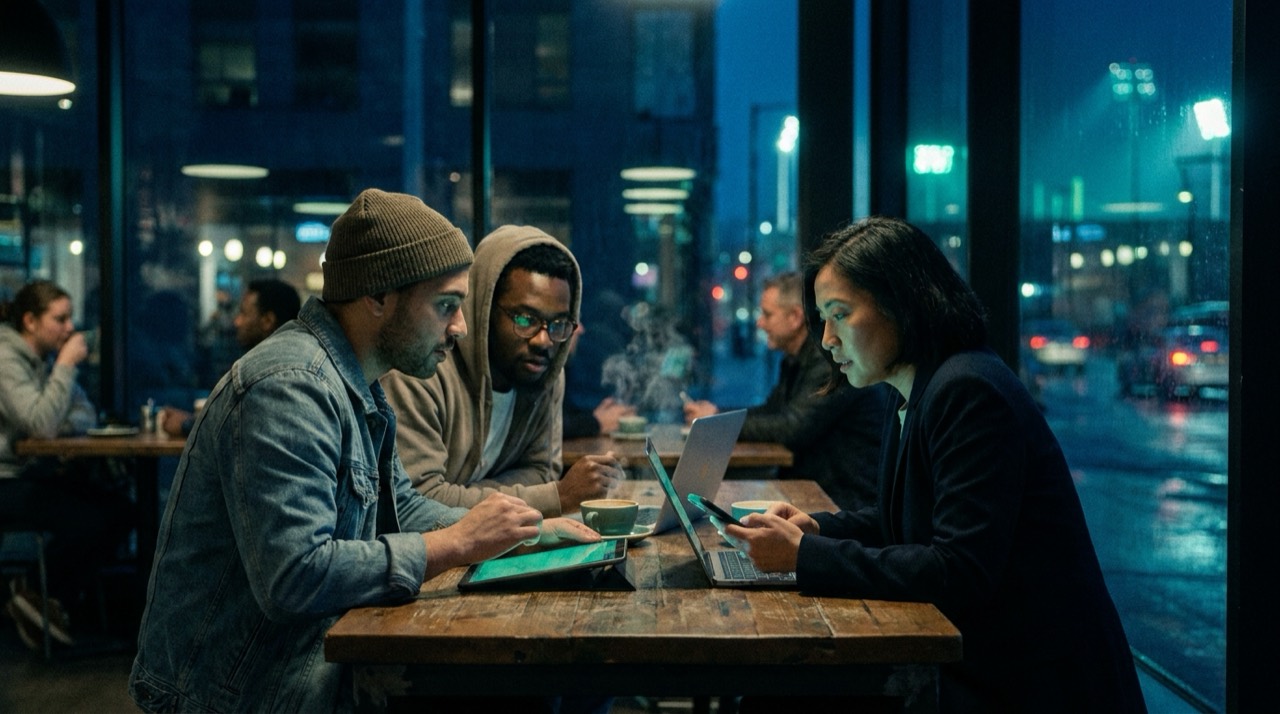 Photo : plusieurs personnes comparent leurs appareils autour d'une table, choix, café la nuit, bleu-vert