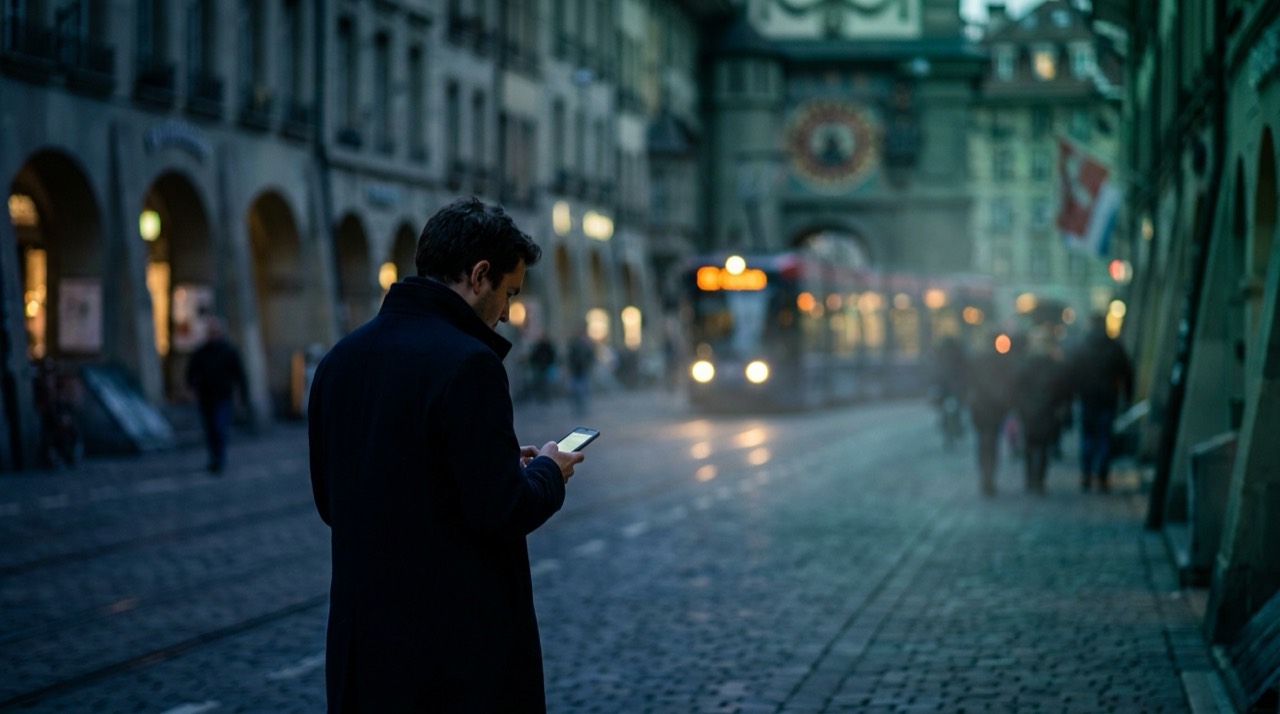 Photo : une personne consulte son téléphone dans une rue de vieille ville européenne au crépuscule, tramway en fond, teinte bleu-vert