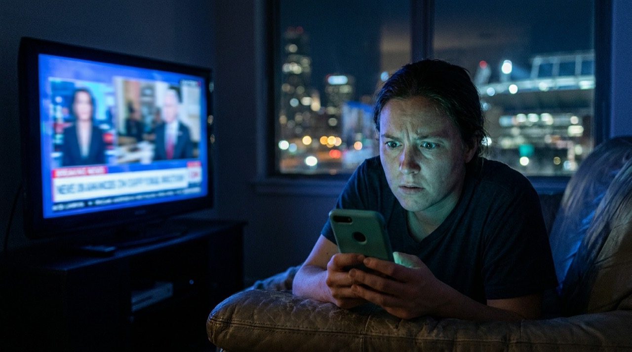 Photo : personne regarde un flash info à la télévision en tenant son téléphone, soirée, bleu-vert