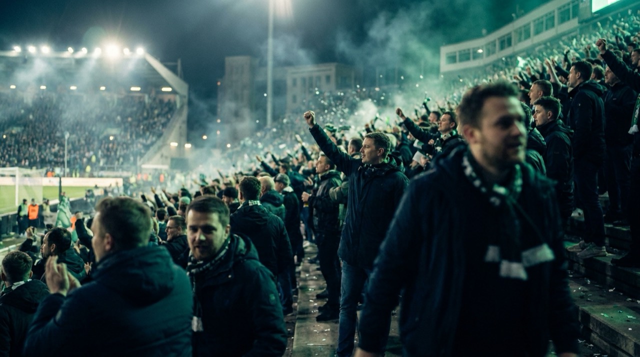 Photo : stade de football bondé en liesse la nuit, projecteurs, foule floutée, grade bleu-vert