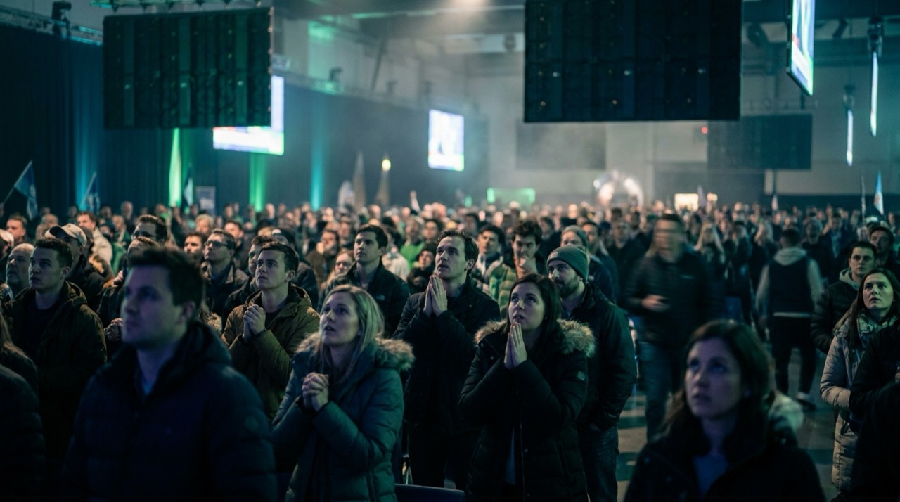 Photo : foule suivant des écrans géants lors d'une soirée électorale, tension, teinte bleu-vert