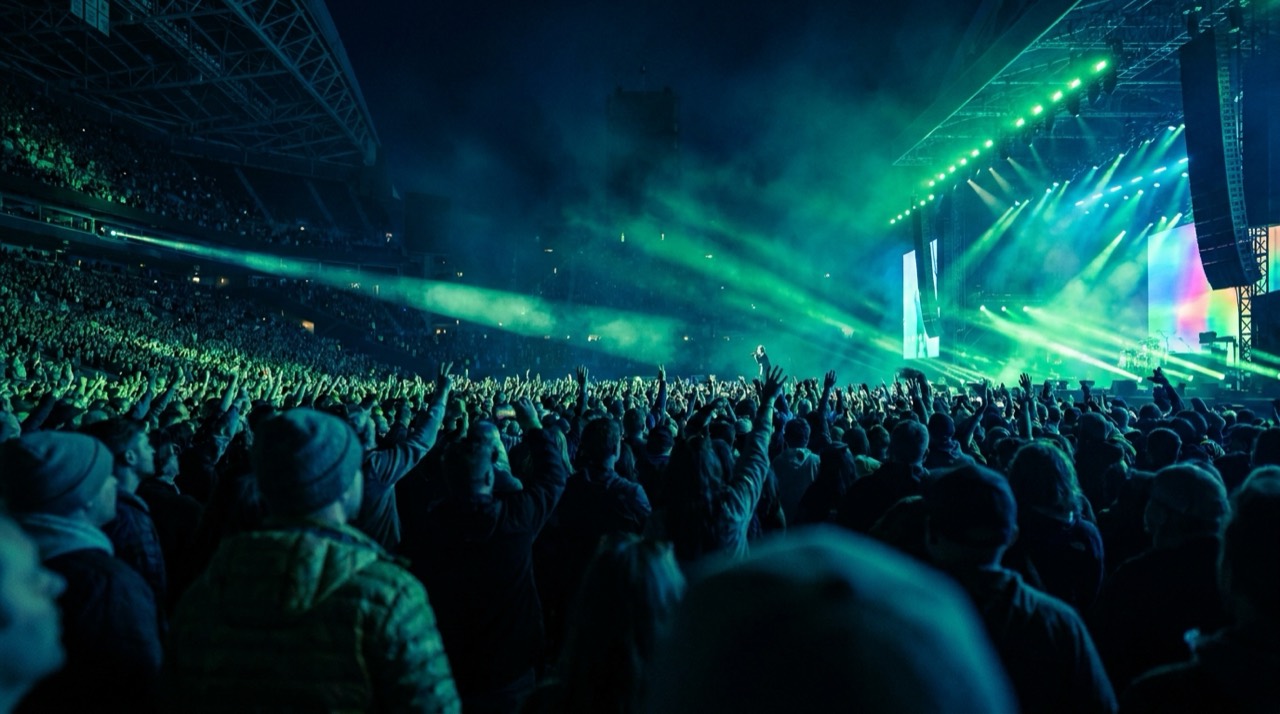 Photo : grande salle de concert, jeux de lumière et foule en délire, spectacle, teinte bleu-vert