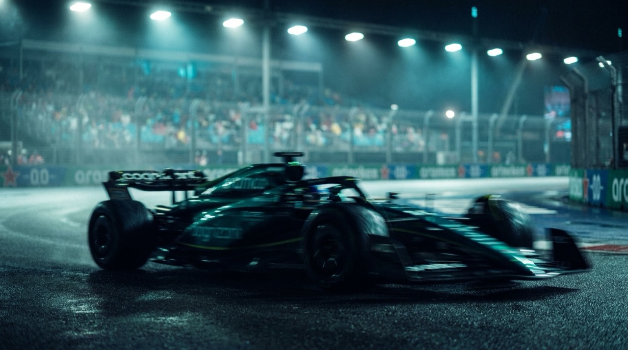 Photo : monoplace de F1 filant en flou de vitesse sur un circuit de nuit, tribunes éclairées, bleu-vert