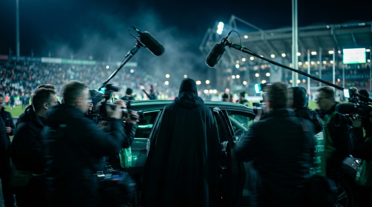 Photo : nuée de photographes et micros autour d'une arrivée près d'un stade, flou de mouvement, bleu-vert