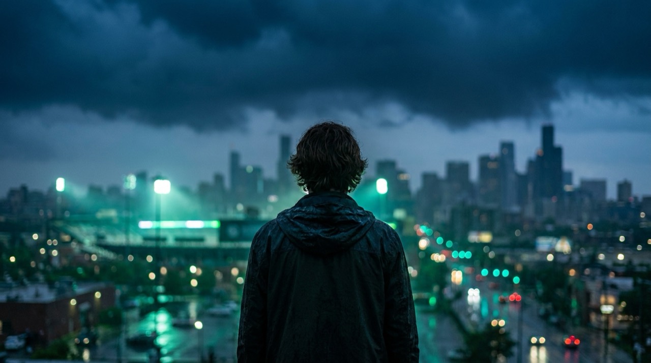 Photo : ciel d'orage spectaculaire sur une ville, une personne observe l'horizon, teinte bleu-vert