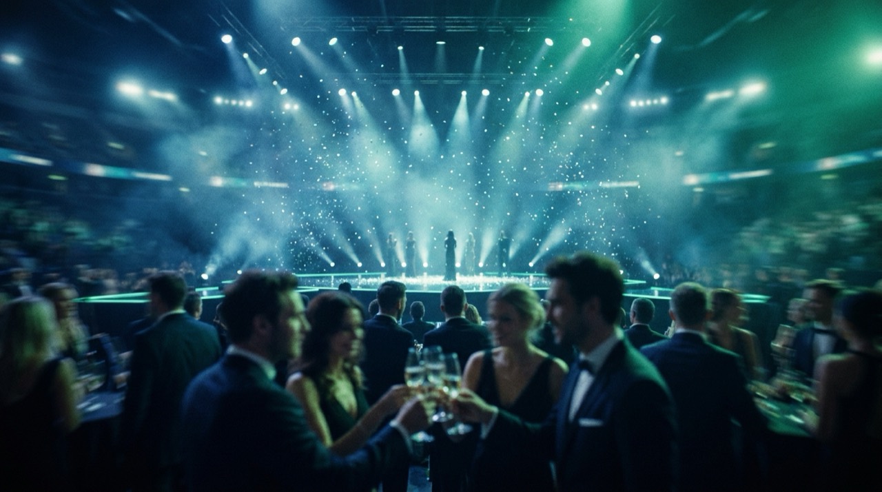 Photo : scène de gala télévisé, projecteurs et public élégant, ambiance étincelante bleu-vert