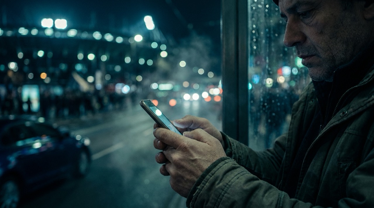 Photo : mains tenant un smartphone dans une rue la nuit, lueur d'écran sur le visage, bleu-vert