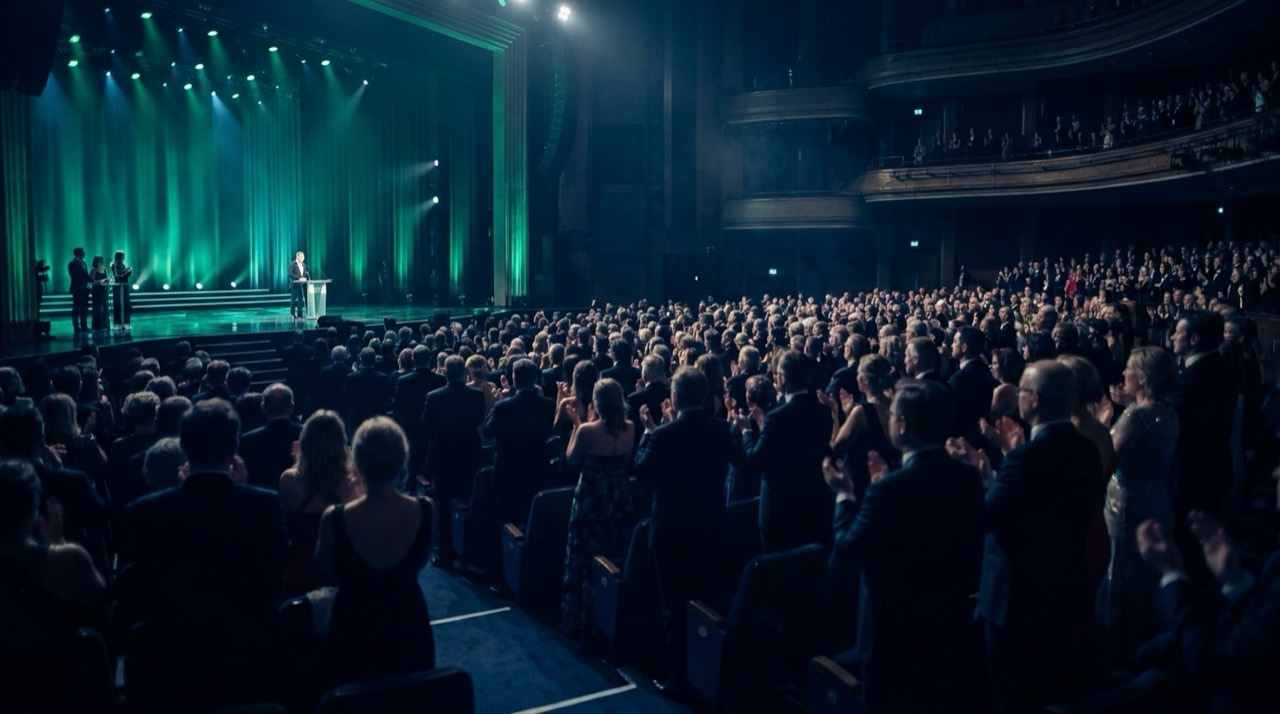 Photo : auditorium de cérémonie de récompenses, projecteurs et public en tenue de gala, bleu-vert