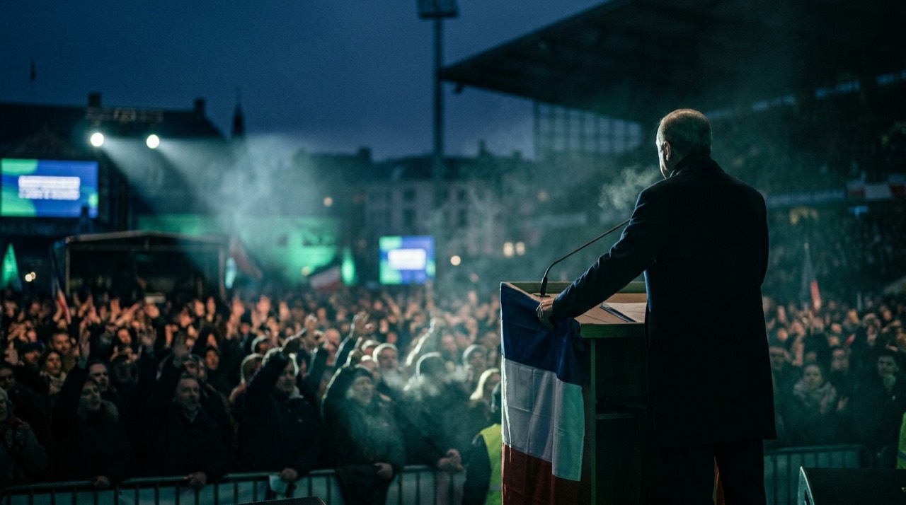 Photo : meeting politique au crépuscule, orateur de profil et foule mains levées, teinte bleu-vert
