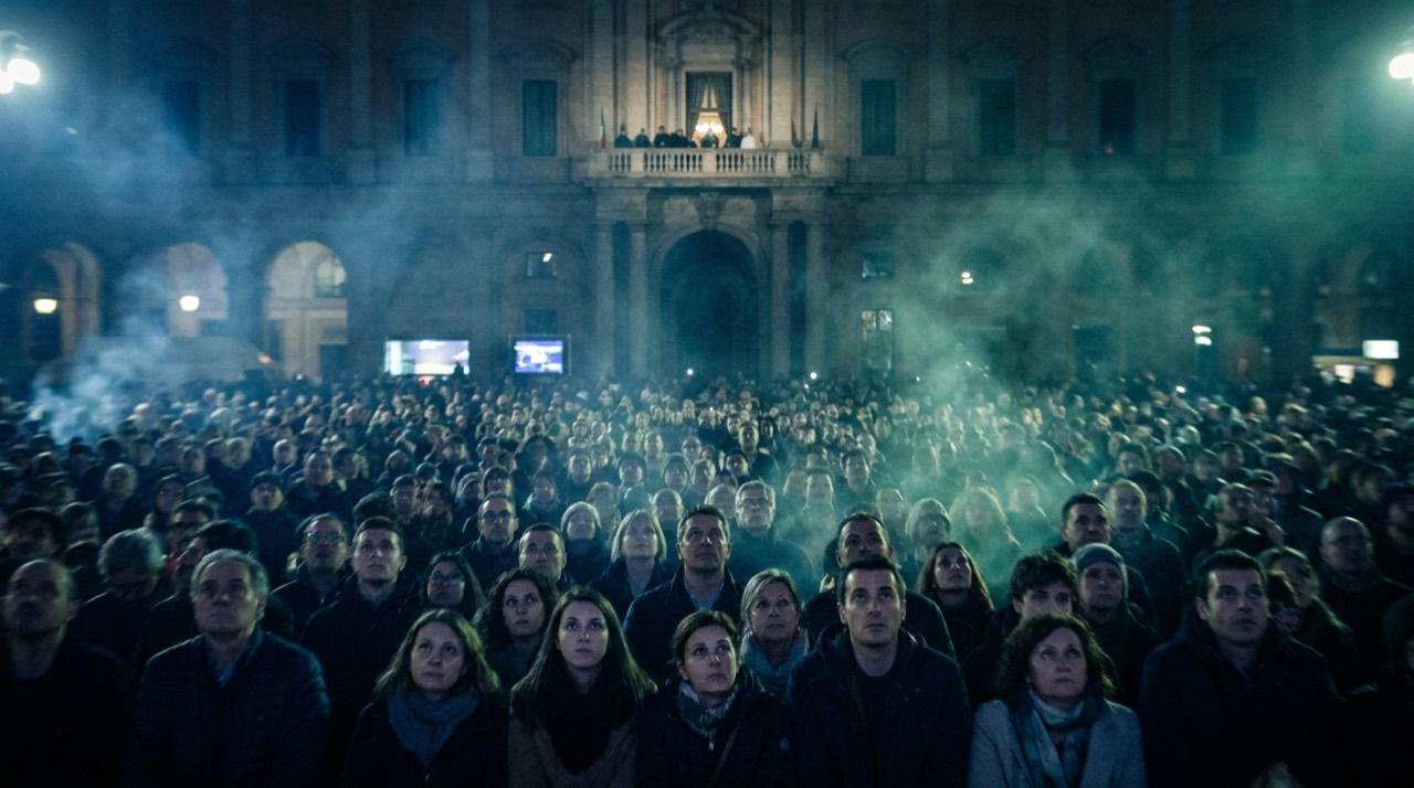 Photo : foule immense de nuit sur une grande place regardant un balcon lointain, fumée, bleu-vert