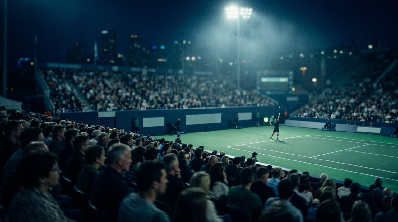 Photo : court de tennis éclairé la nuit vu des tribunes, joueur au service, foule, teinte bleu-vert