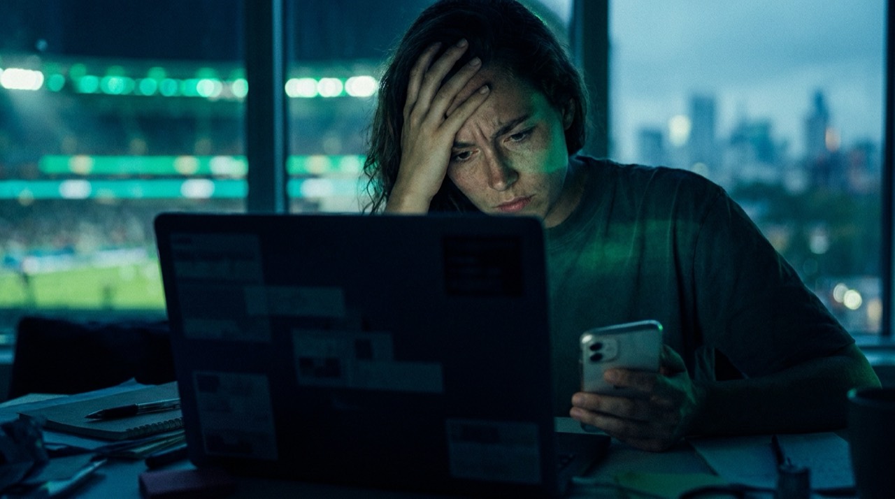 Photo : personne contrariée face à un ordinateur puis saisissant son téléphone, soirée, bleu-vert