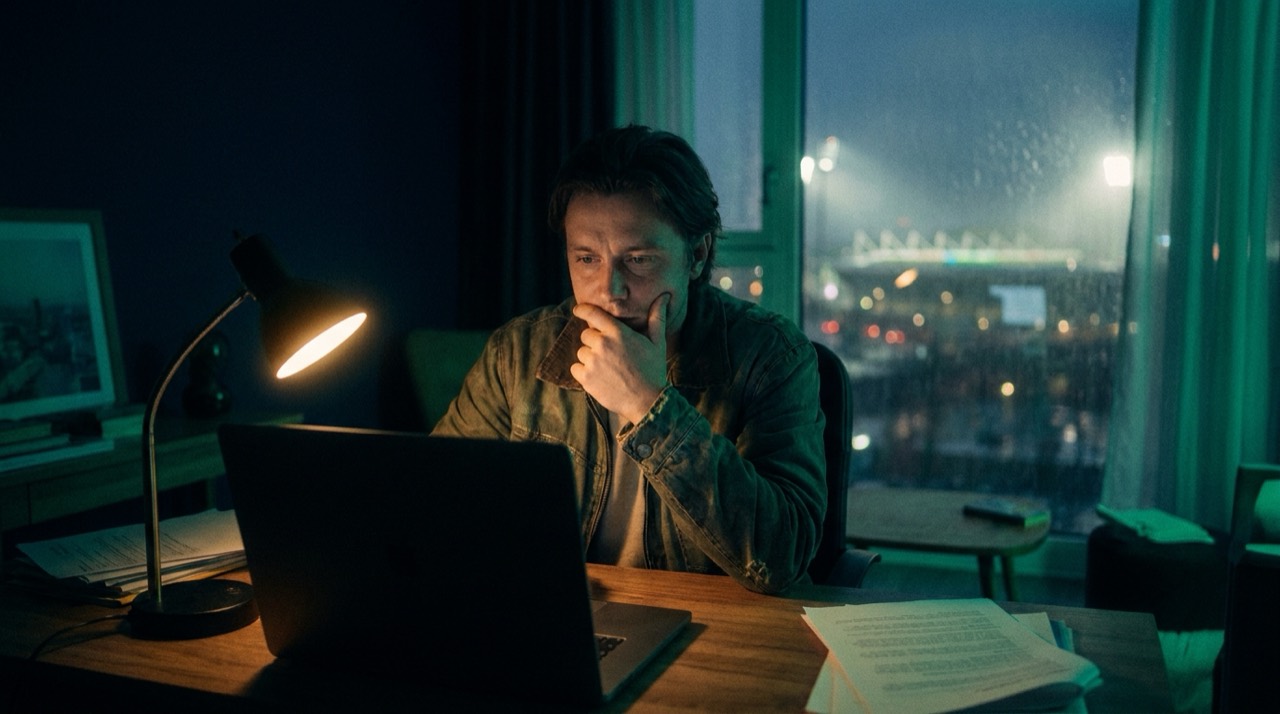 Photo : personne seule et pensive devant un ordinateur tard la nuit, lampe unique, ton sobre bleu-vert