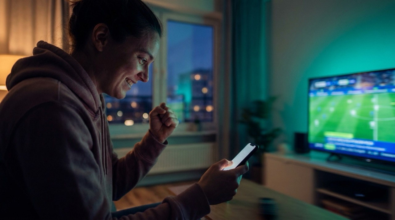Photo : personne soulagée et souriante consultant son téléphone, petit geste de victoire, bleu-vert