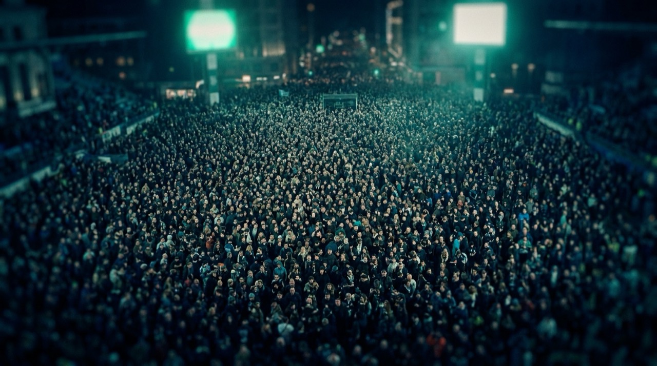 Photo : foule immense vue de haut dans un stade, multitude formant une masse, léger flou, bleu-vert