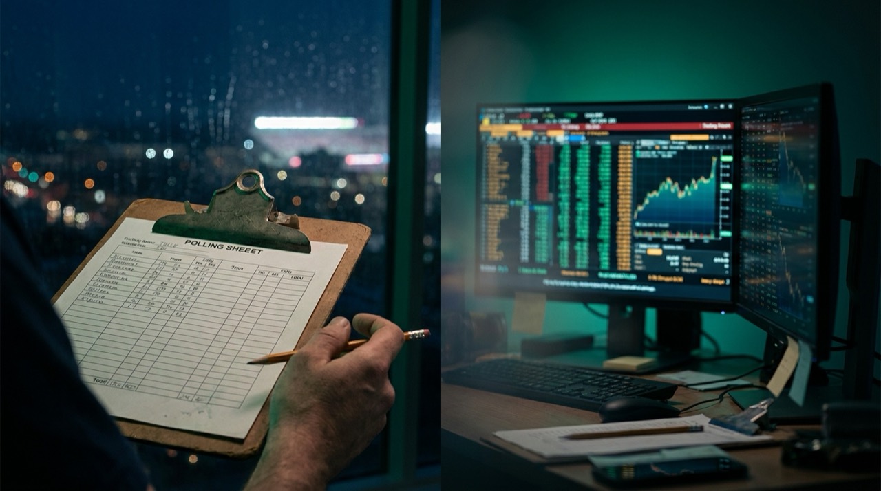 Photo : un porte-bloc de sondage et un écran de trading côte à côte sur un bureau, comparaison, bleu-vert